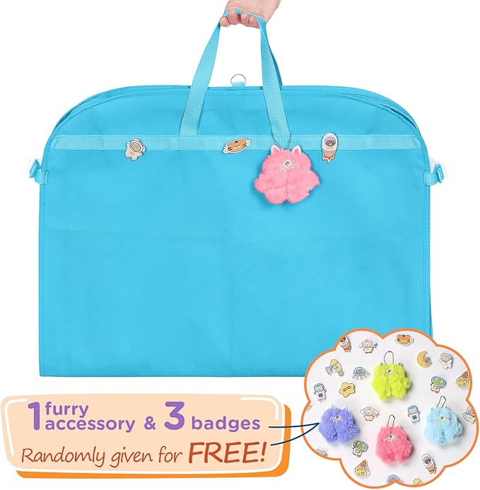 Univivi Kids Garment Bags for Dance Costumes, 40 Inch Dance Competition Costume Bag, 3 Medium Clear Zipper Pockets and 2 Back Zippered Pockets with 1 xPendant, 3 x Badge(Blue)