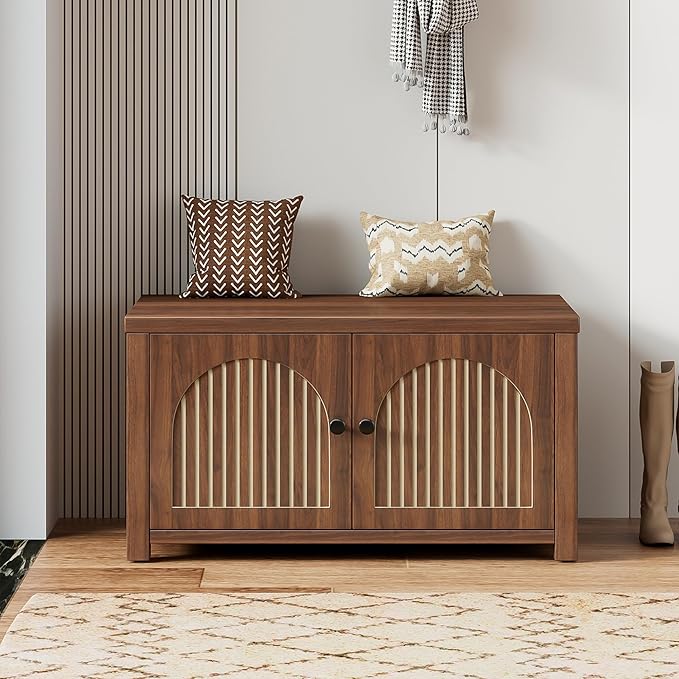 Fluted Storage Bench with Storage, Small Entryway Shoe Bench, Bedroom Storage Bench, Wood Shoe Organizer, Mid Century Modern Cabinet with 2 Doors, Adjustable Shelf, Hallway, Living Room, Walnut