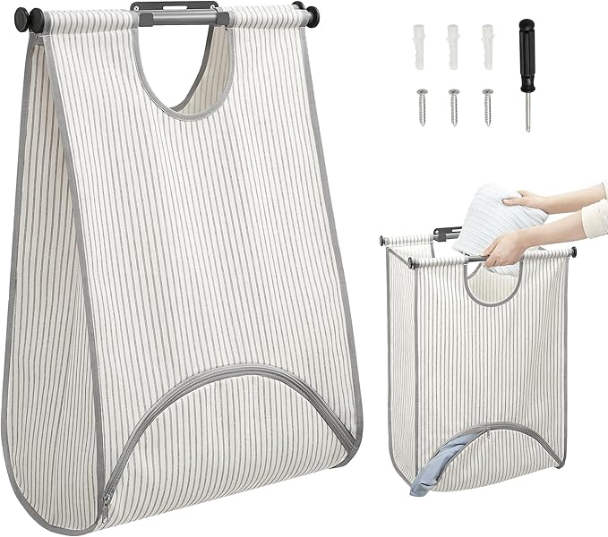 STORAGE MANIAC Wall Mount Laundry Hamper, Hanging Laundry Bag with Bottom Zipper Opening, Space Saver Dirty Clothes Hamper with Wall Anchor, Laundry Clothes Bin for College, Dorm, RV, Stripe