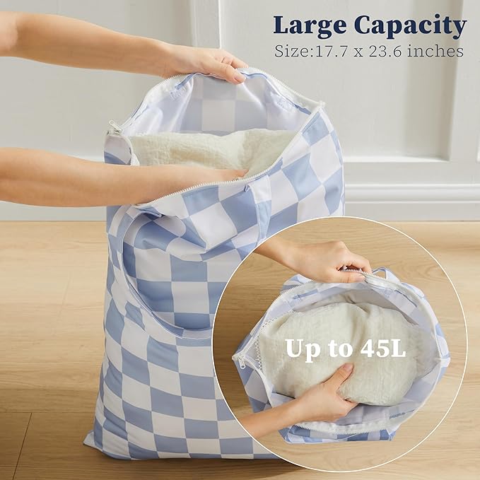 Checkered 2 Pcs Large Travel Laundry Bags for Dirty Clothes, Aesthetic Trendy Waterproof Washable Laundry Bag with Handle for Travel, Gym, Swimming Pool, Blue