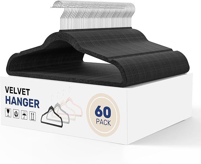 YSSOA 60 Packs Velvet Hangers, Non Slip Space Saving Suit Hangers, Heavy Duty Clothes Hangers with 360° Rotatable Hook for Coats, Pants, Black