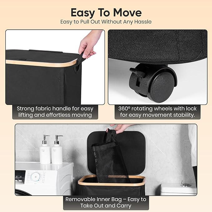 Laundry basket with Wheels | 26 Gal (100L) Laundry Hamper with Wheels and Lid | Covered laundry hamper | Bedroom hamper | clothes hamper-black