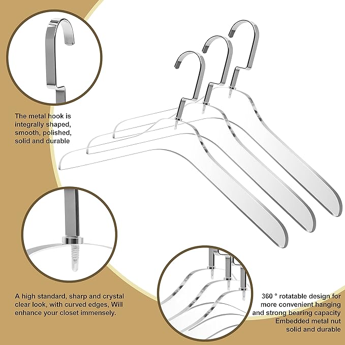 Quality Clear Acrylic Lucite Coat Suit Hangers, Stylish Clothes Hanger with Silver Hook - Coat Hanger for Dress, Suit - Closet Organizer Adult Hangers Gloss Silver/Chrome, 50 Pcs
