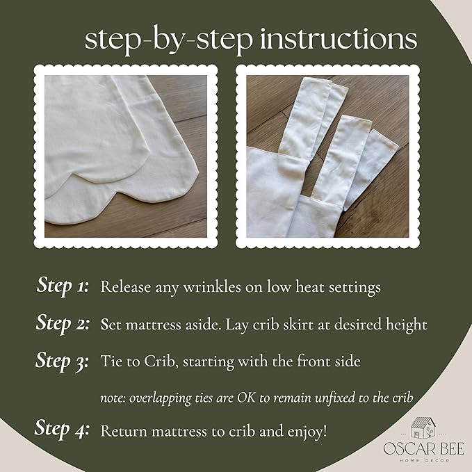 White Scalloped Crib Skirt Ruffle (Front/Two Sides) Adjustable Linen Cotton Blend, Neutral Baby Bedding for Boys and Girls, Elegant Nursery Decor Skirt