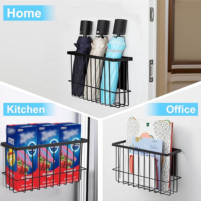 2 Pack Magnetic Basket, Magnetic Dryer Ball Holder for Laundry Room Dryer Ball Organization with 4 Caddy Adhesive Stickers, Cabinet Door Organizer for Kitchen Wrap Food Bag Tin Foil Storage, Black