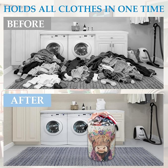 Highland Cow Laundry Basket Collapsible Laundry Hamper Oxford Storage Bin for Clothes Storage, Toy Organizer, Books and Sundries 16" X 20.8"