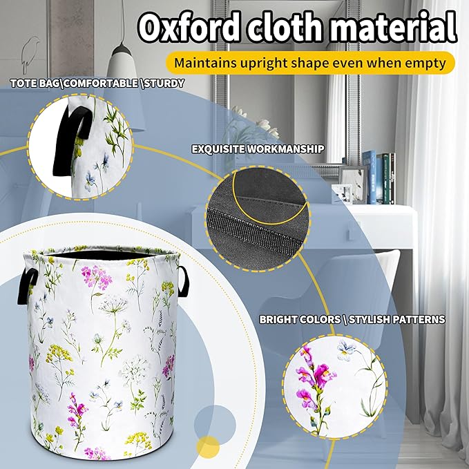 Colorful Flowers Laundry Basket Floral Foldable Oxford Cloth Funny Tote Bag Laundry Hamper Clothes Storage Bucket Toy Organizer For Bathroom/Laundry Storage/Bedroom 18.9x16.5 In Gift