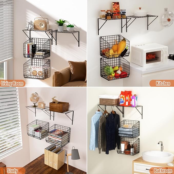 2 Pack Laundry Room Shelves with Wire Baskets, Over the Washer and Dryer Shelf, Wall Mounted Storage and Clothes Drying Rack, Wire Shelves Baskets for Laundry Closet Organization and Storage-Black