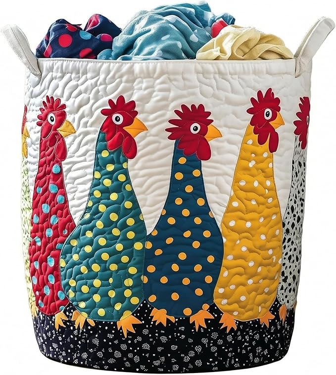 Quilted Laundry Basket with Handles, Boho Floral Fabric Storage Hamper, Large Soft Quilted Laundry Basket for Nursery, Bedroom, Laundry Room,Clothes & Toys (Chicken Pattern A, M)