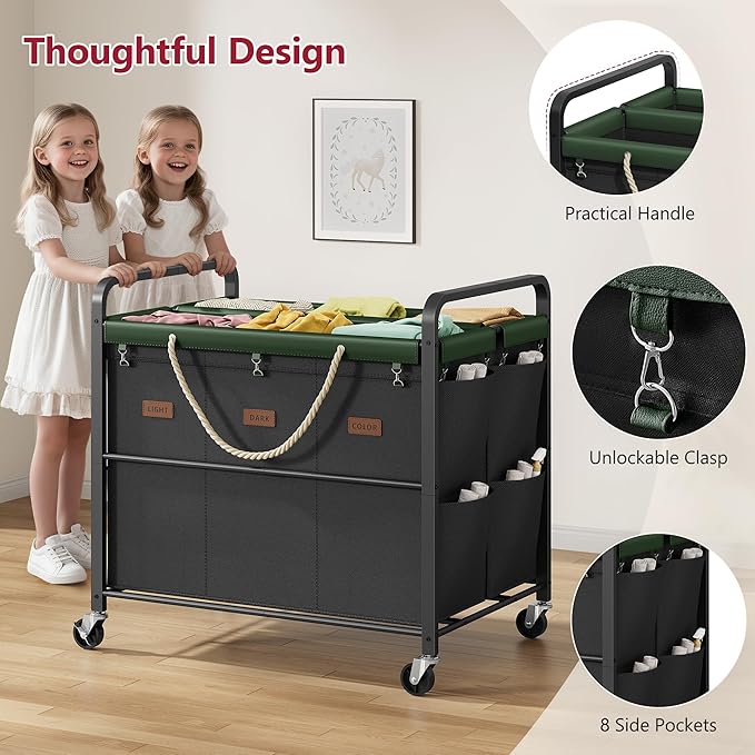 Tajsoon 295L Extra Large Laundry Sorter 6 Section, Heavy Duty Laundry Basket with Lockable Wheels, Laundry Cart with Sturdy Metal Frame, Leather Patchwork Laundry Separated with Removable Bags, Black