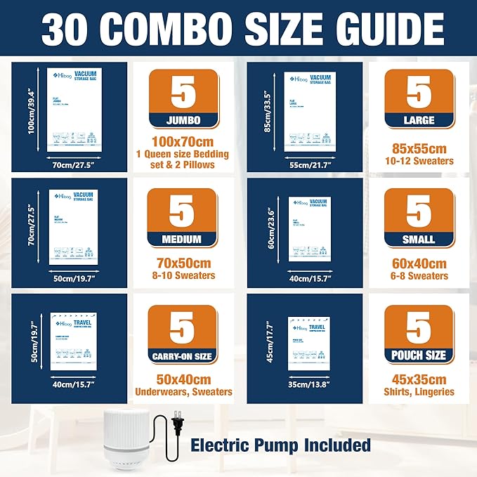 HIBAG Vacuum Storage Bags with Electric Pump, Vacuum Seal Bags for Clothes, Clothing, Pillows, Blanket Bedding Comforters, Combo 30 pack