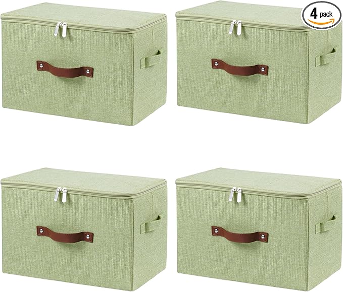 4 Pack Storage Bins with Zipper Lid Cotton Linen Fabric Lidded Storage Baskets Boxes Foldable Washable Closet Shelf Clothes Organizer Container with PU Leather Handles (Green, Large)