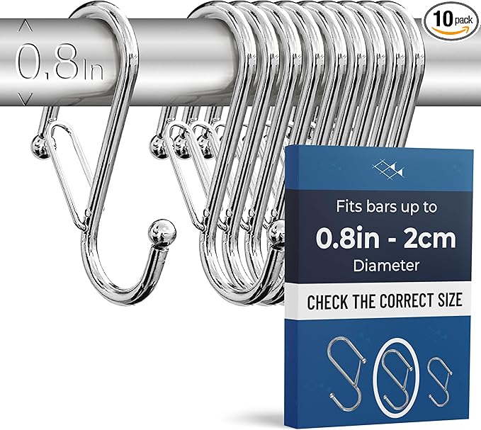 10-Pack Metal S Hooks for Hanging – Heavy-Duty S-Shaped Hook with Safety Buckle – Fits Bars up to 0.8 In – Anti-Drop S-Hooks for Kitchen, Bathroom, Closet & Pot Racks – Silver (Medium)