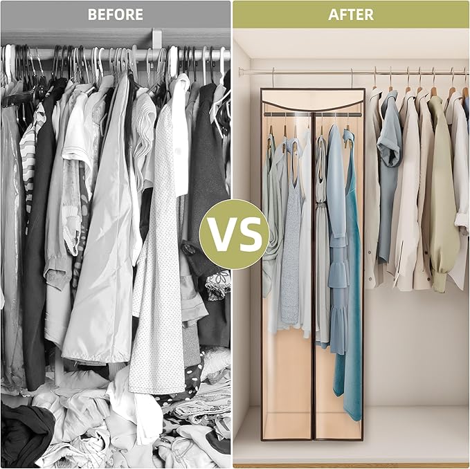 Garment Bags for Hanging Clothes Storage, Long Garment Cover with Zippered Clear Window for Closet Wardrobe Clothes Rack Organizer, Hanging Garment Bags for Dresses, Suits, 2 Pack, Beige