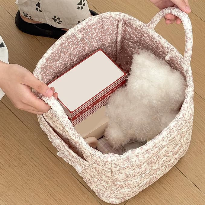Floral Fabric Storage Basket Car Interior Storage Basket Underwear Sundries Laundry Baskets Supplies Home Organizer Bag (Pink Floral)