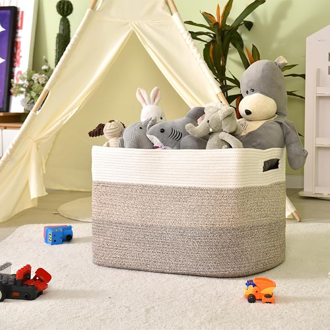 Extra Large Blanket Basket Living Room, Rectangle Storage Basket, Large Woven Baskets for Storage, Cotton Rope Basket for Toys, Clothes, Gradient Brown - 25”x16”x16” (105L)