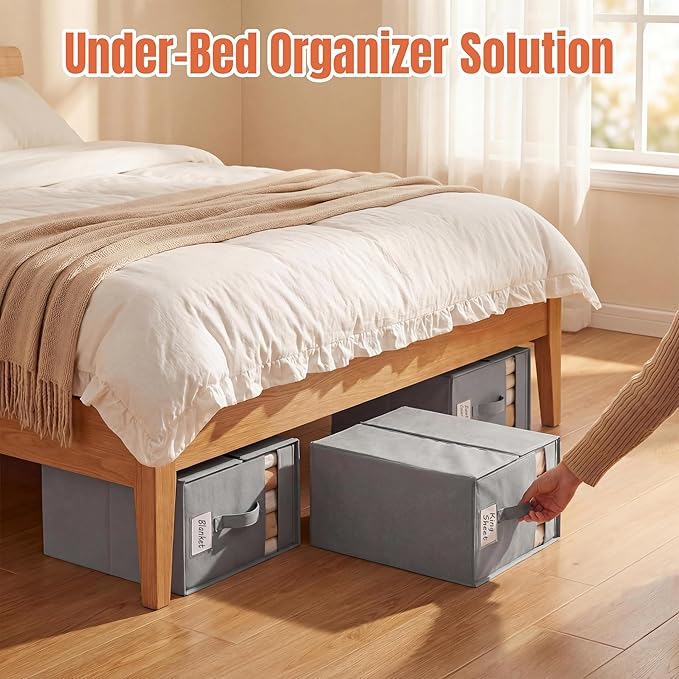 4 Pack Large Bed Sheet Organizers and Storage, (King & Queen Size) Sheet Organizer for Linen Closet, Foldable Bedding Storage Box with Window for Bedsheets, Blanket, Duvet Cover and Pillowcase