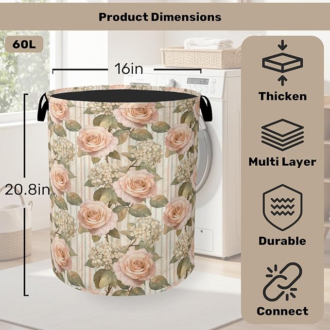 Shabby Chic Rose Laundry Basket - Heavy Duty 60L Dirty Clothes Organizer, Water Resistant Foldable Hamper for Men Women