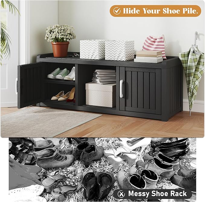 KAMABOKO Shoe Storage Cabinet Waterproof UV-Resistant, Entryway Storage Bench Indoor Outdoor with 2 Doors, Adjustable Shelves for Entryway, Bedroom, Hallway,Living Room(Black)