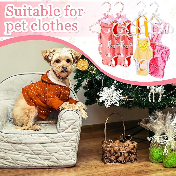 Threan White Pink 12 Pcs Pearl Beaded Clothes Hanger Mini Pearl Beads Small Metal Clothes Hangers with Ribbon Standard for Kids Baby Children Pet Dog