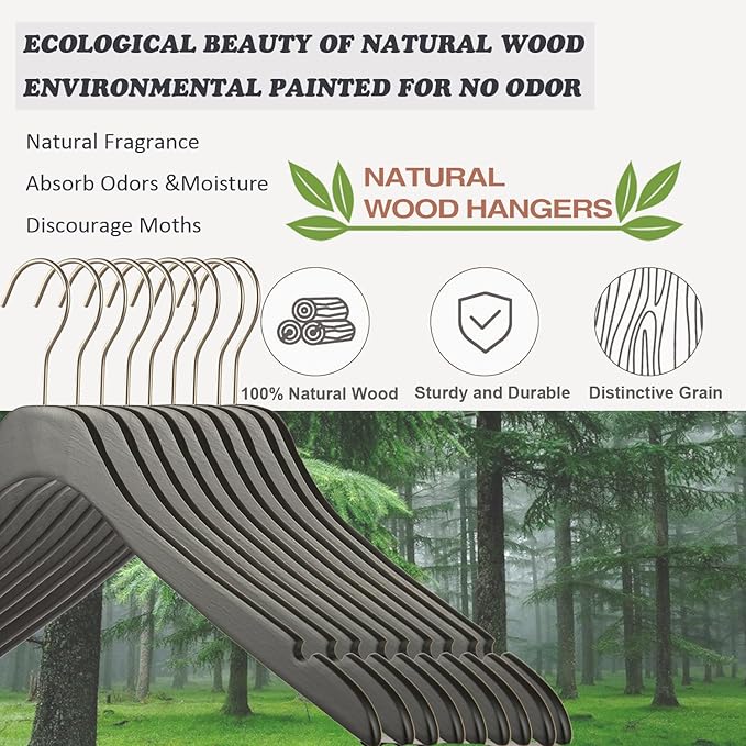 Black Ultra Thin Wooden Natural Slim Solid Wood Coat Jacket Shirt Suit Hangers,17.7" Space Saving Wooden Adult Clothes Non Slip Heavy Duty Suit Hangers 20PCS