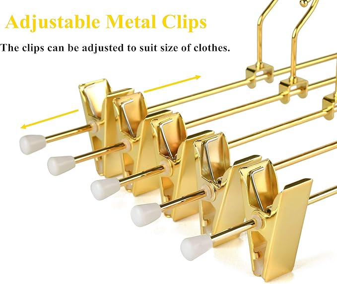 Amber Home 20 Pack Shiny Gold 12 Inch Metal Pants Skirts Hanger, Sturdy for Slacks Trousers with 2 Adjustable Non Slip Clips and Swivel Hook (20 Pack)