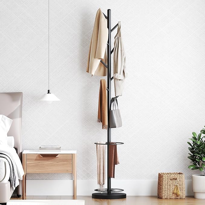 Coat Rack Freestanding, Coat Rack Stand with Umbrella Holder, Heavy Duty Coat Tree for Entryway, Modern Clothing Rack for Hats, Bags, Metal Coat Hanger Stand for Bedroom, Office, Black YM03BB