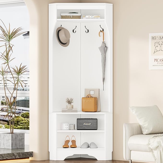 Linique Minimalist Corner Hall Tree with Shoe Bench,Versatile Entryway Coat Rack with 4 Hooks,Corner Cabinet with Adjustable Shoe Shelf for Hallway,Living Room,White,29.5''W*71.6''H