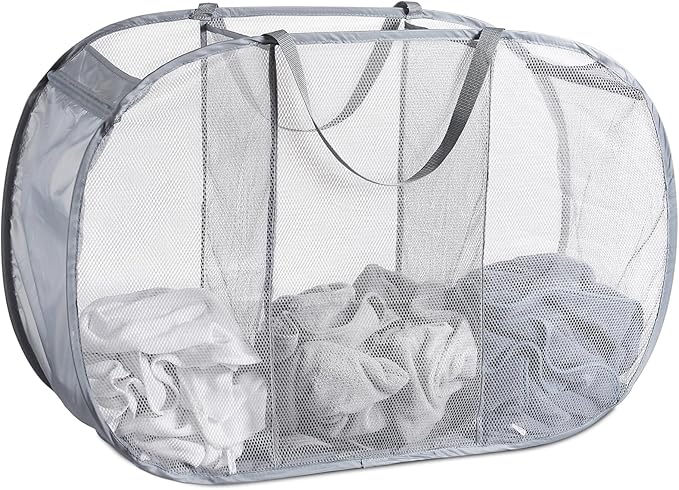 Seiritex Mesh Popup Laundry Hamper 3 Compartment Sortable Horizontal Collapsible Laundry Basket for Clothes Laundry Room Bedroom Toys Travel (Gray)