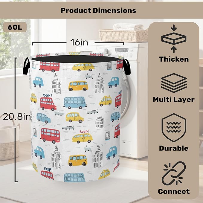 Laundry Basket, Cartoon Vehicles Foldable Canvas Toy Organizer with Handles, Heavy Duty for Home, Bedroom, Dorm, Bathroom, Large Storage Basket Home Decoration