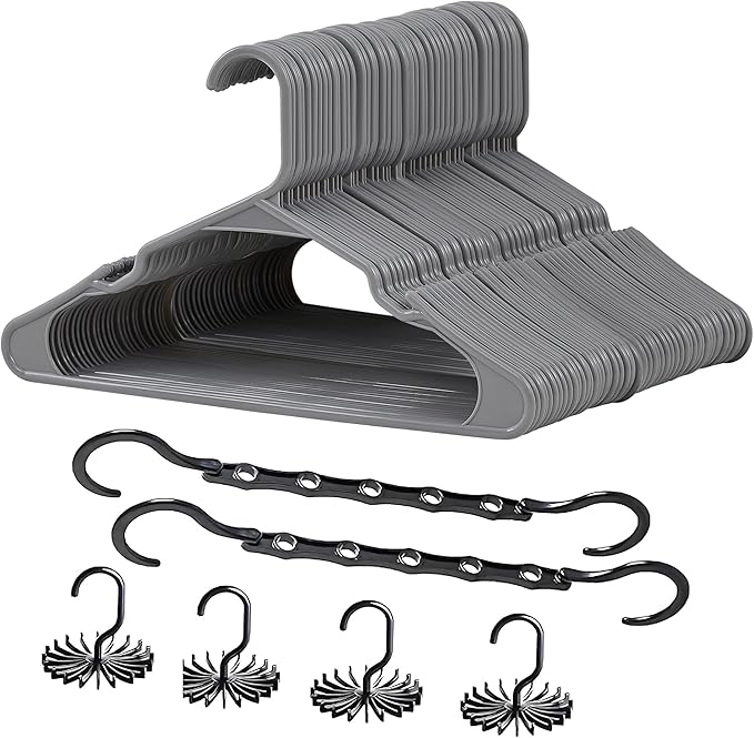 VECELO 100 Pack Plastic Hangers-Clothes Hangers Set with Shoulder Grooves for Closet Space Saving-Heavy Duty Coat Hanger,Gray