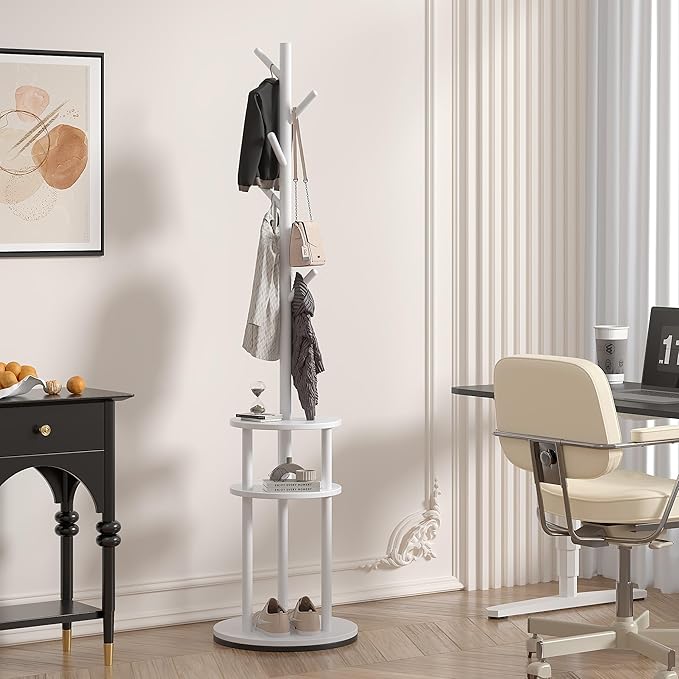VECELO Coat Rack Freestanding, Entryway Hanger Stand, Umbrella Holder, Hall Tree With Hooks, Floor Standing Metal Tree Stand,White, Medium-sized