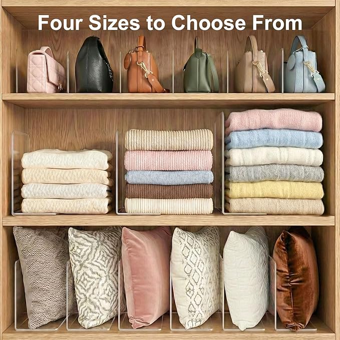 Shelf Dividers for Closet Organization: 6" Tall x 10" Deep, Deeper Adhesive Separators Features Acrylic Material and Provides Storage for Babywear and Purses in Bedroom Cabinets(8-Pack)