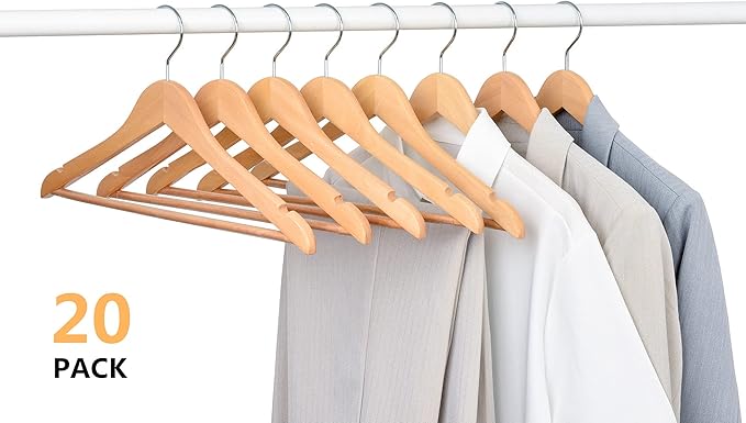 Amber Home 20 Pack 15" Natural Wooden Clothes Hangers for Woman, Teenager Clothing Hangers for Shirt Jacket, Solid Wood Dress Coat Hangers with Non Slip Pants Bar (Natural, 20)
