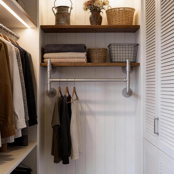 WEBI Wall Mounted Clothes Rack with Shelf,27" Industrial Pipe Clothing Rack with Shelf with Hanging Rod,Heavy Duty Iron Garment Rack Bar,Retail Display Clothes Rod for Laundry Room,Closet,Silver
