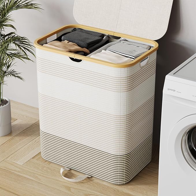 Double Laundry Hamper with Lid and Removable Bags, 150L Large Collapsible 2 Dividers Dirty Clothes Basket with Handles, Beige Double Laundry Basket Organizer for Bedroom,Laundry Room,College