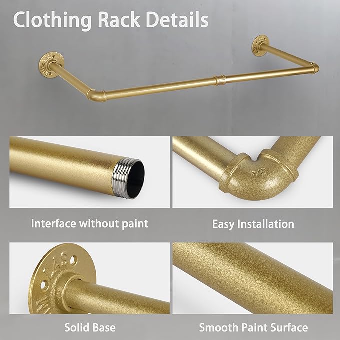 AddGrace Industrial Iron Pipe Clothing Garment Rack Wall Mounted Closet Rod Retail Display Rack Closet Storage Clothes Organizer Gold