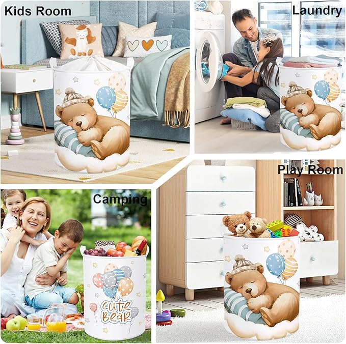 Sleeping Animals Baby Laundry Hamper Collapsible Clothes Kids Storage Basket Large Boys Girls Gift Toy Box Bin for Nursery, Bear, 63L