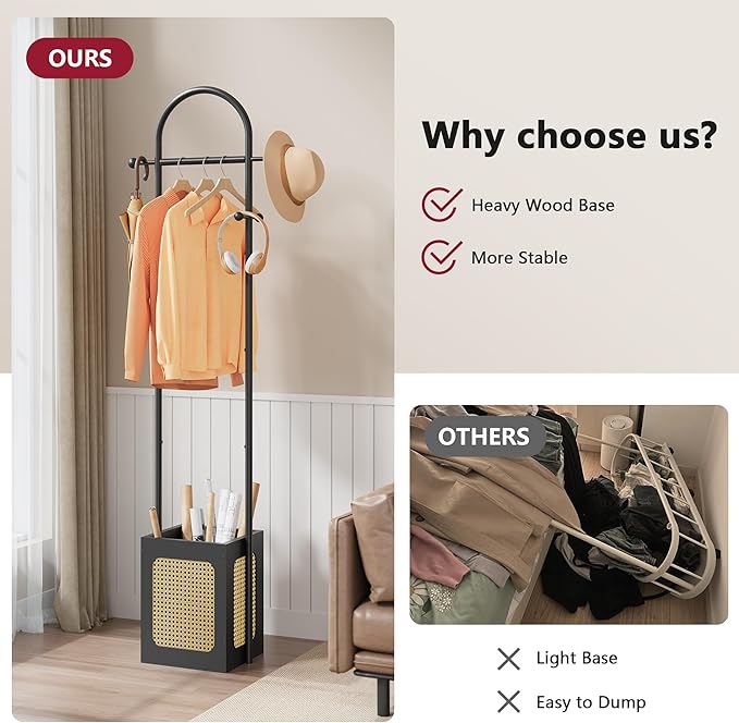 Tajsoon Coat Rack Stand with Wooden Base, Coat Tree Rattan Design, Coat Hanger Stand with 6 Hooks, Small Clothes Rack for Living Room, Bedroom, Office, Black