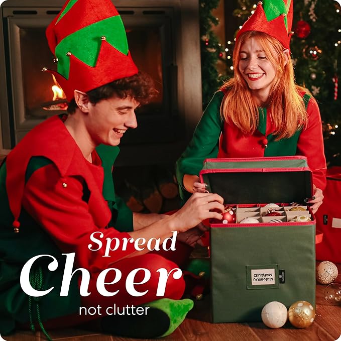Handy Laundry Christmas Ornament Storage - Stores upto 64 Holiday Ornaments, Adjustable Dividers, Two Handles. Storage Box Keeps Holiday Decorations Clean and Dry for Next Season. (Green)