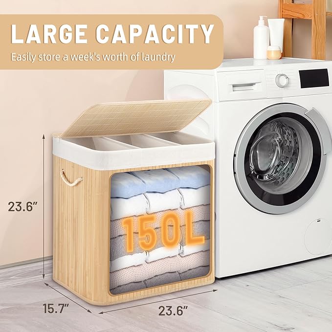 150L Laundry Hamper with lid, 3-Section Clothes Laundry Basket with Handles, Large Collapsible Bamboo Baskets for Bedroom, Bathroom, Dorm, Natural Beige
