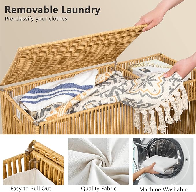 WOWLIVE Laundry Hamper with Wheels, Handwoven Laundry Basket with Lid, Shelves, Rolling Clothes Hamper with Removable Liner Bag, 110L Large Laundry Sorter Laundry Room Organization, Natural