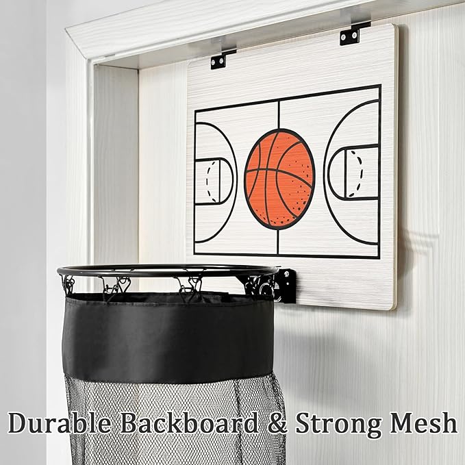 Oversized Basketball Laundry Hamper with Wooden Backboard – Over the Door Basketball Hoop Laundry Basket for Dirty Clothes, Boys Room Organizer & Fun Clothes Hamper (White)