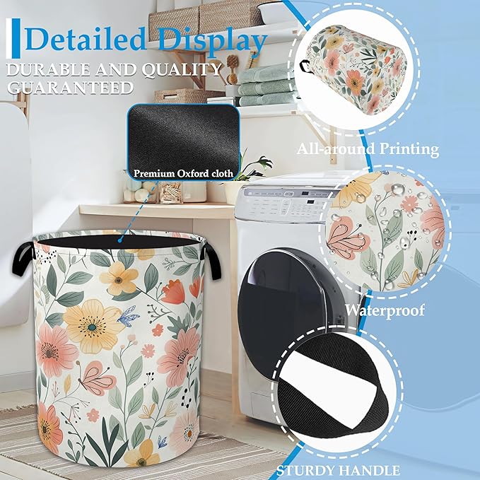 Floral Print Laundry Basket Collapsible Laundry Hamper with Handle, Waterproof Oxford Cloth Storage Bin for Bathroom/Bedroom/Dormitories 16 X 20.8 Inch