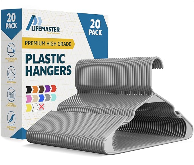 Lifemaster Plastic Clothes Hangers – Heavy Duty Hanger Set, for Organizing Clothes, Dresses, and Coat, Holds Up to 5 lbs, Space-Saving Hangers with Non-Slip Shoulder Grooves, Pack of 20, Gray