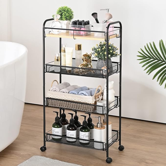 KINGRACK 4-Tier Rolling Cart,Metal Utility Cart with Wooden Tabletop,Easy Assemble Mobile Storage Trolley On Wheels,Craft Storage (Black)