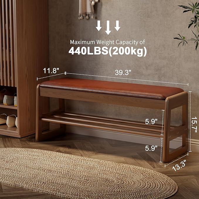 AQIMUELE Shoe Rack Bench,2 Tiers Shoe Bench with Storage with Flip-Top,Wood Shoe Rack for Entryway,Hallway（Orange Upholstered Seat）