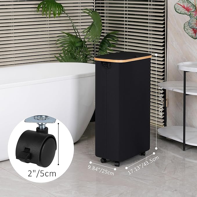 75L Slim Laundry Hamper with Wheels,Clothes Hamper for Laundry,Laundry Basket with Lid & Inner Bag,for Laundry Room, Bedroom, Dormitory Organization,Black