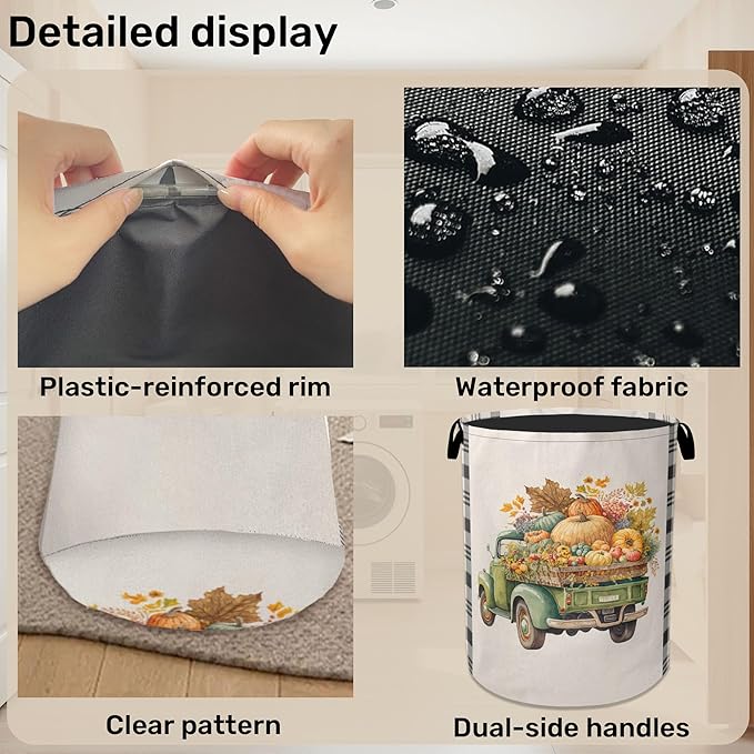 Fall Pumpkin Truck Large Clothes Hamper Bag - Laundry Basket with Handles, Space Saving Foldable Design for Nursery