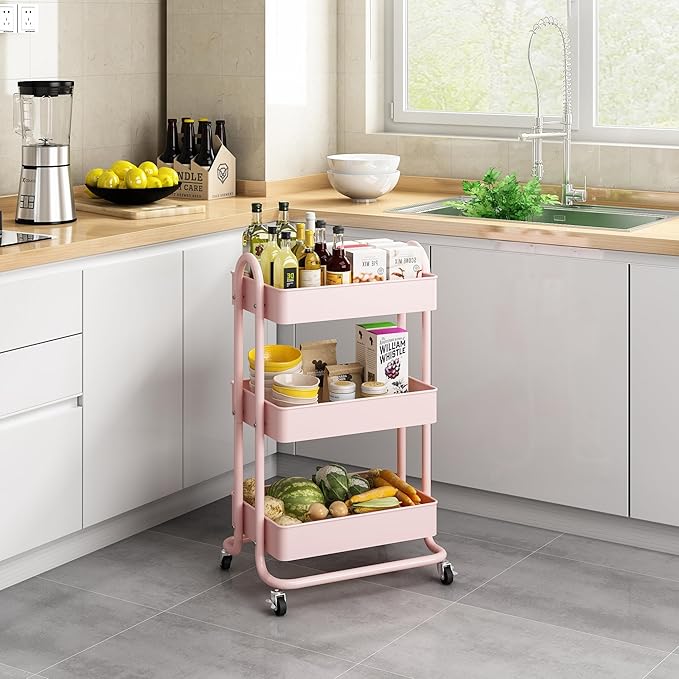 MIOCASA 3-Tier Metal Utility Rolling Cart, Heavy Duty Multifunction Cart with Lockable Casters, Easy to Assemble, Suitable for Office, Bathroom, Kitchen, Garden